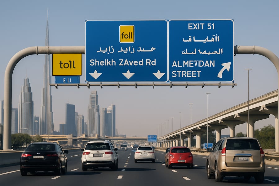Dubai toll road with clear signage and vehicles