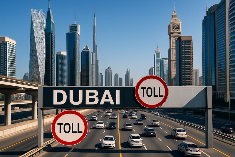 Dubai toll road with modern cityscape and traffic